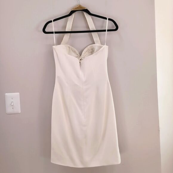 Cache 90s Ivory Mini Halter Cocktail Dress Plunge Gold Beaded Neckline Sz 6 - Picture 2 of 16